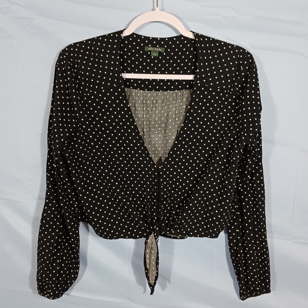 Wild Fable Women's Large Black Polka Dot Front Tie Button Up Crop Top 100% Rayon